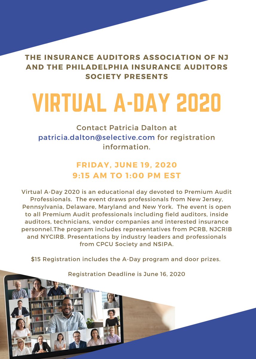 SML_Capital_1's tweet photo. SAVE THE DATE: Virtual A-Day 2020 an educational day devoted to Premium Audit Professionals. June 19th 9:15-1:00 ET. Rick Cerrato of SML Capital Advisors is Vice President of the NJ Association. $15 Register by June 16th.  patricia.dalton@selective.com to register #premiumaudit https://t.co/AE9Vd00jOa