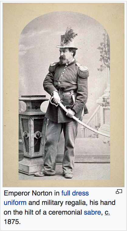 Emperor Norton in full dress uniform and military regalia, his hand on the hilt of a ceremonial sabre, c. 1875.