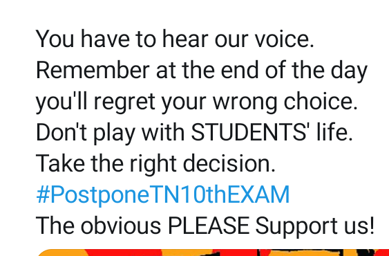 Shree81786317's tweet photo. Respected sir,
 During this lockdown we are unable to concentrate in our studies.We already informed about it  but they didn't take any action .You are the last hope .So kindly postpone the public exam after lockdown.
#PlsHelpStalin
#JusticeforTN10thexam

@mkstalin
@Udhaystalin https://t.co/8vp8dkcm1T
