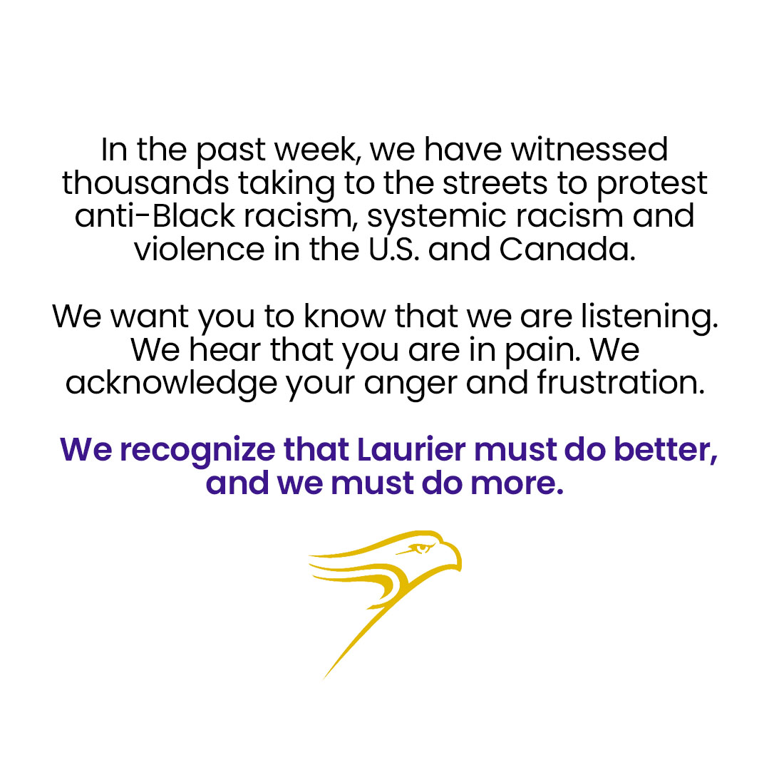 WLUAthletics's tweet photo. Laurier commits to direct action to achieve racial justice 💜💛

Click below to view key messages included in the University’s announcement that was made yesterday and  read the message in its entirety at the link below.

💻 https://t.co/d766cKjcMV https://t.co/ESCN59QaJU