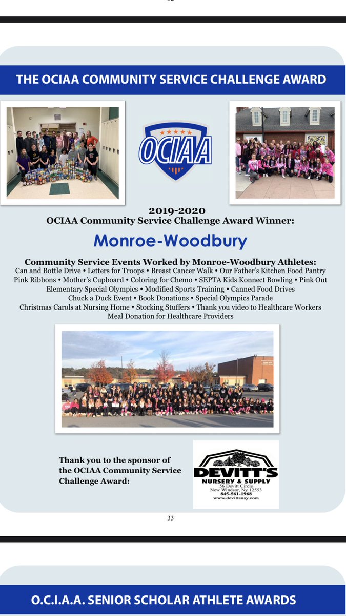 OCIAASports's tweet photo. Congratulations @MWathletics_ for winning the 2019-2020 @OCIAASports Student Athlete Community Service Challenge with over 50 events worked. Our first year of this program was a great success. We are so proud of you all. Thank you @devittsnursery for sponsoring this award. https://t.co/eqqFU9Ppc6