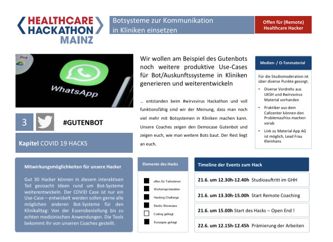 hlthhack's tweet image. Die @hlthhack Challenge #buildyourownbot am 21/22.6 ist eine echte Mainzer Hands On Challenge. Am #WirVsVirus #Gutenbot zeigen @UnimedizinM und #IBM mit Cloudtools, wie Ihr euren Bot für Healthcare Themen bauen könnt. Briefing am 19.6. 12.00h unter meet.google.com/tia-xfgt-dke