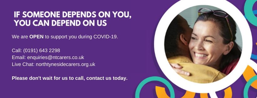 We're here for your wellbeing. 
Please call/ email us on 0191 643 2298 / enquiries@ntcarers.co.uk
Our staff are here to help you.

Or message through Live Chat northtynesidecarers.org.uk.

Centre Opening Hours
Monday to Wednesday 10am – 4pm
Thursday 1pm – 4pm
Friday 10am – 4pm