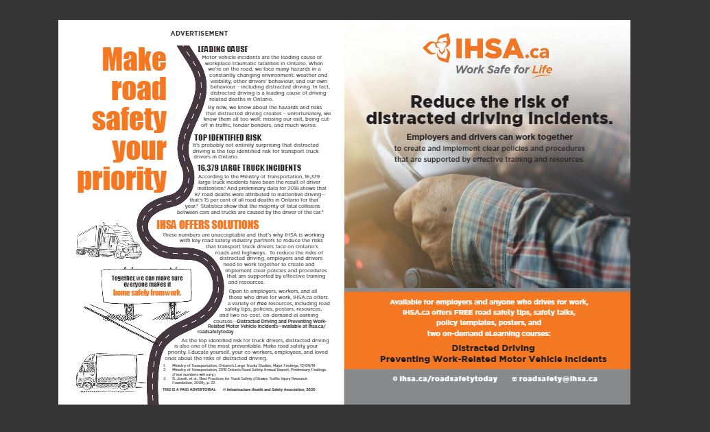 CharlieC_1973's tweet photo. Check out the new @IHSAnews ad in the latest issue of @Todaystrucking. Great information on IHSA's solutions including how to access 2 no-cost e-learning courses on Distracted Driving and Preventing Work-Related Motor Vehicle Incidents.
https://t.co/XyGlB4XyQ8 https://t.co/wedQ2KnOEH