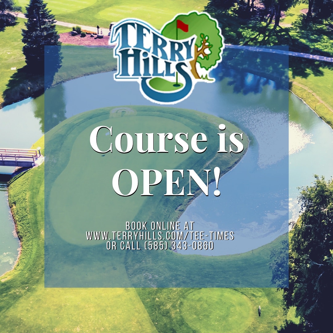 Course is open and it didn't rain much here! Plush green fairways and greens. Play 18 holes with cart for as little as $26. Snack shop is open for food, snacks, beer, drinks and more (weather permitting). Open tee times, book online or call (585) 343-0860.