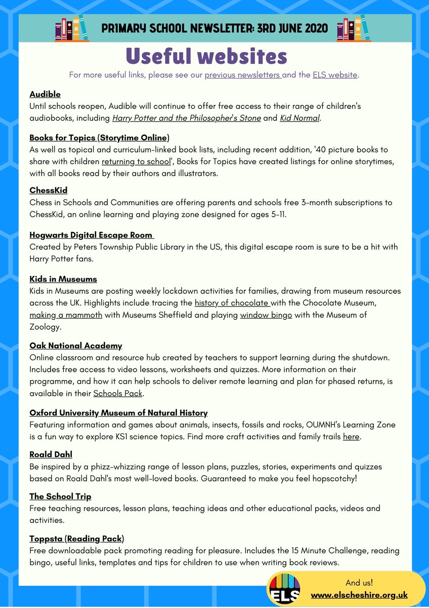 In our latest newsletter, we highlight more free resources, including local history activities from <a href="/CheshireRO/">Cheshire Archives</a> &amp; <a href="/cwacmuseums/">CWAC Museums</a>. We also get ready to celebrate the #SummerReadingChallenge with library pals <a href="/CECLibraries/">CE Libraries</a> &amp; <a href="/cwaclibraries/">Cheshire West and Chester Libraries</a>! 

Download here: bit.ly/2XvpdHq