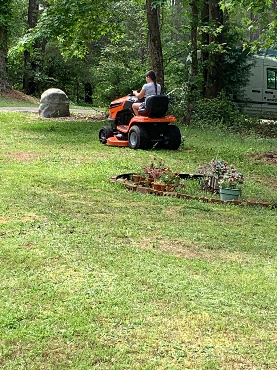 WME_4th_5th's tweet photo. Arilyn is helping mow the yard of a neighbor who has been very ill and in the hospital. #DoGoodFromHome
#WilsonsMillsES
#MustangPride https://t.co/d86fYbqZpb