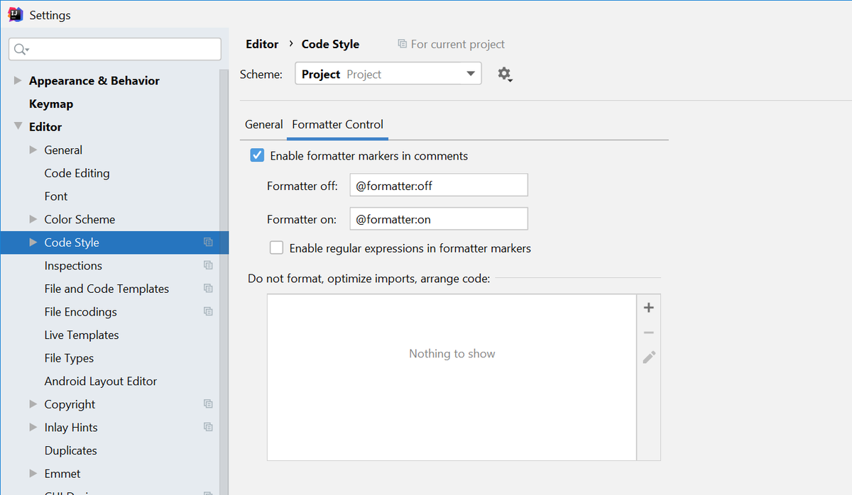 iguissouma's tweet image. You can disable code formatting per region using comments in @intellijidea 
// @formatter:off
...
// @formatter:on 
You just enable formatter markers in comments
#GettingToKnowIntelliJ