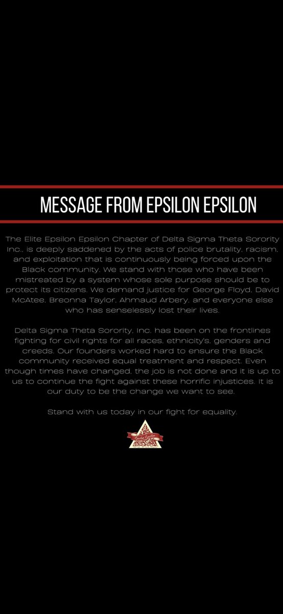 DSTEE1913's tweet photo. In regards to the many unfortunate recent events, the Epsilon Epsilon Chapter of Delta Sigma Theta would like to voice our stand against the injustices in America, as we always have. 

#BLACKLIVESMATTER
#JUSTICEFORGEORGEFLOYD https://t.co/LsYWfUv68S