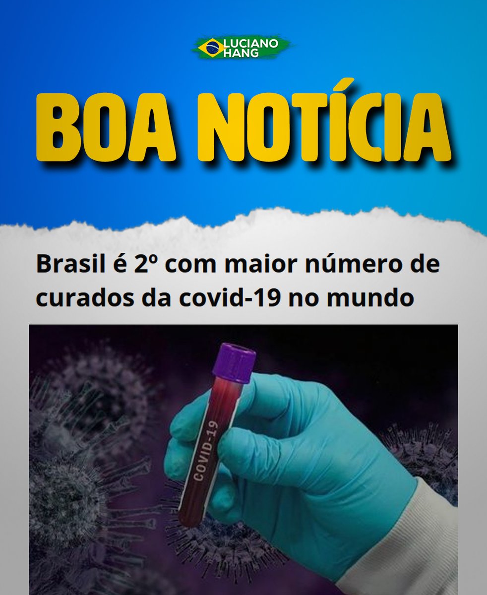 Notícia boa merece ser compartilhada. O Brasil está em segundo lugar em curados da covid-19. Cerca de 253 mil brasileiros já se recuperaram, praticamente a metade dos contaminados (558). O comparativo reforça que podemos voltar à rotina normal. Afinal, o Brasil não pode parar!