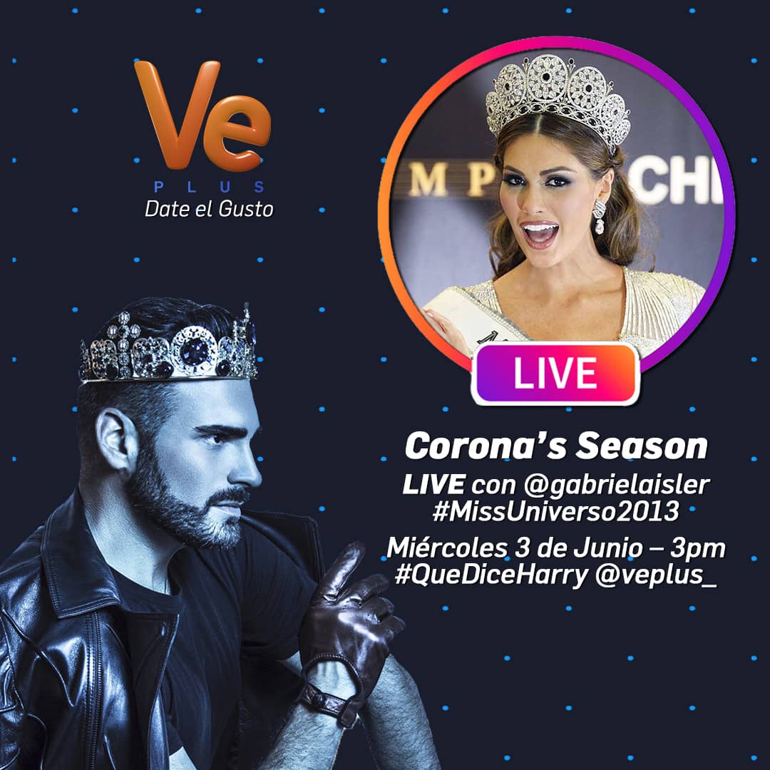 Hoy a las 3:00 pm conéctate a nuestro LIVE de Instagram para que disfrutes de una súper entrevista con nuestra querida <a href="/Molly_Isler/">Gabriela Isler</a> #MissUniverso2013 y actual Directora de Comunicaciones y Formación del <a href="/MissVzla/">Miss Venezuela</a>

No te la pierdas junto a @harrylevya en "Corona's Season" 👑