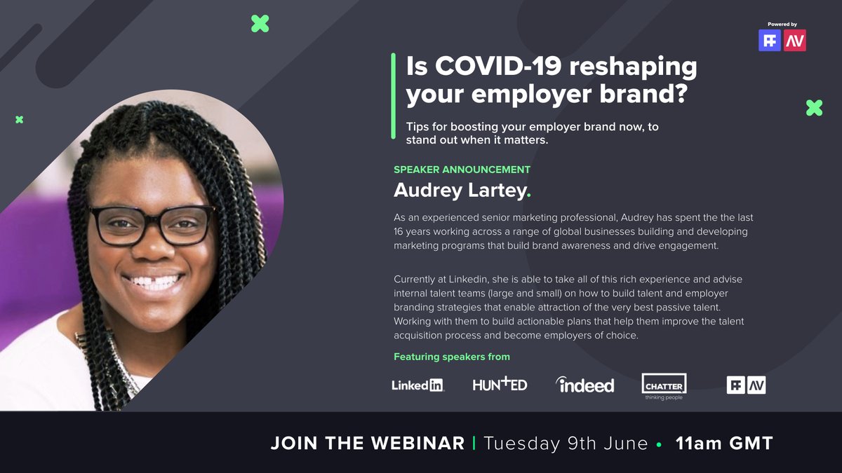 Audrey Lartey, Senior Solutions Consultant at LinkedIn, is joining our panel discussion on Tuesday 9th of June at 11AM GMT, book it in! 

Seats are limited. Secure yours now!
➡️ zoom.us/webinar/regist… ⬅️

#EmployerBrand #TalentAttraction #HiringBoom