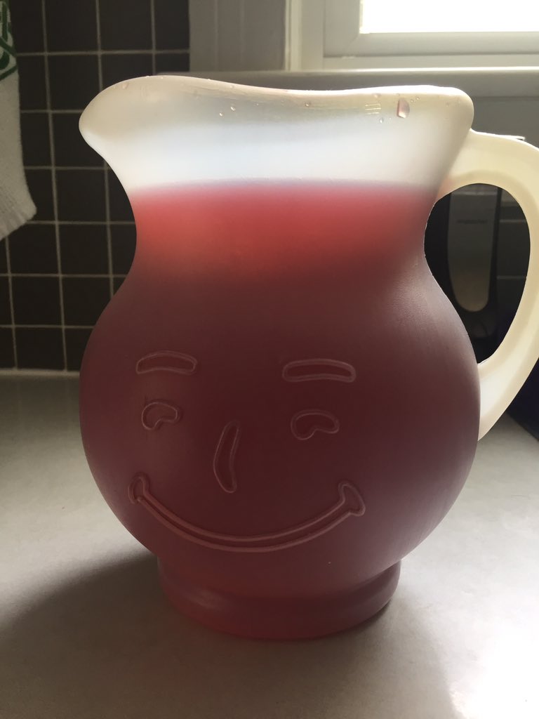 TravisKoshko's tweet photo. No, this Kool-Aid pitcher didn’t bust through my wall into my kitchen. Thanks to my wife for hanging onto this piece of childhood nostalgia. #OoooYeah https://t.co/V54nXjcHZ1
