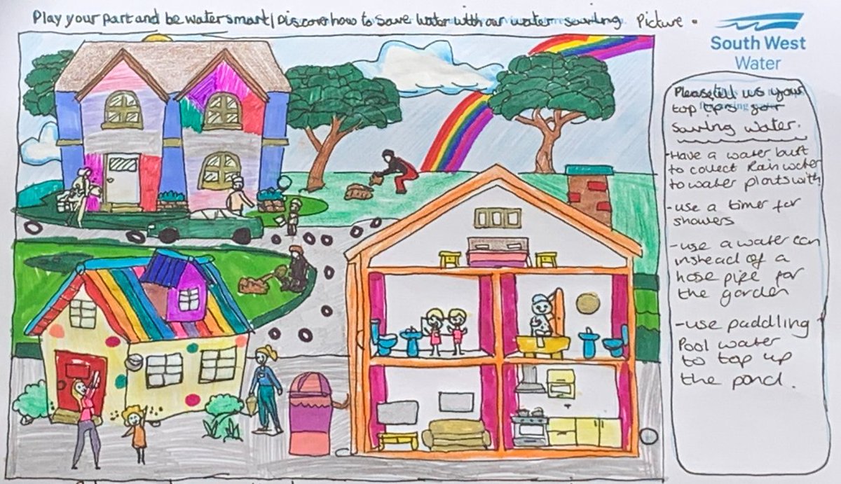 SouthWestWater's tweet photo. 🥁 Colouring competition winners

🏆1st place - Sheyla (aged 10)
🏆Runners up - Paige (aged 9) and Sam (aged 8)

We've been blown away with your pictures and top water-saving tips. As a big thank you, we're giving all entries a book voucher. 👍📖

https://t.co/VwFP703lz8 https://t.co/qP4m8cZngp