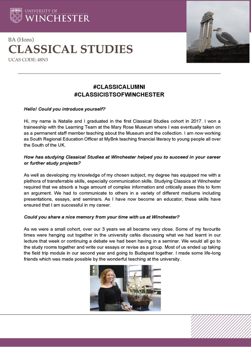 uowclassics's tweet photo. Today's #classicalumni is Natalie Bartlett from our very first graduating cohort! A great example of success in the heritage and education sector. Thank you and congratulations, @BartlettNat! @_UoWcareers  @WinchAlum https://t.co/NxAFItupAy
