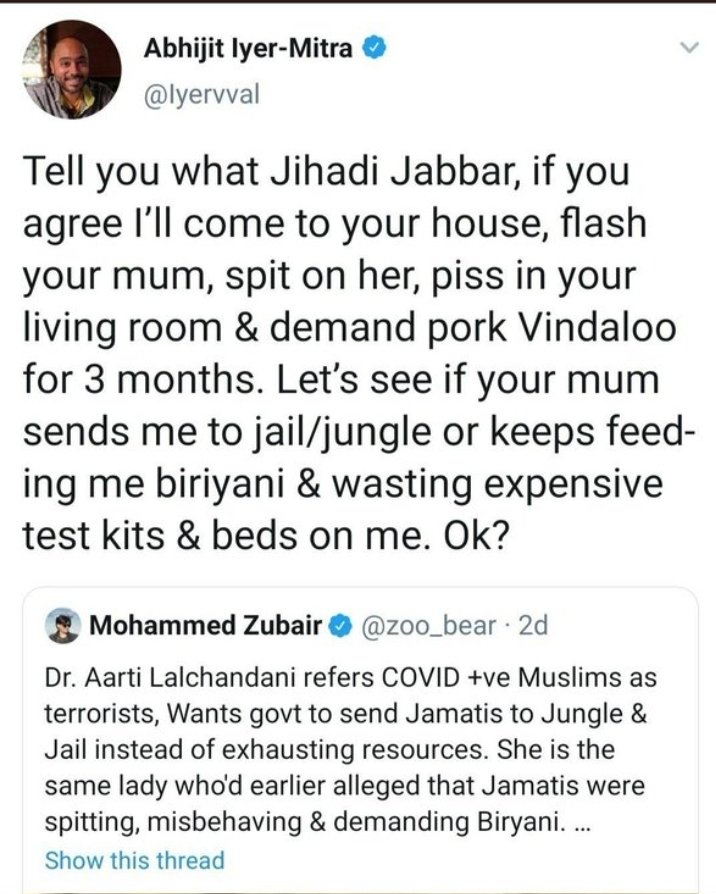 Asim Ali (@asimali6) on Twitter photo Abhijit Iyer Mitra is among the vilest people on this platform. His Islamophobic and sexist bile reflects poorly on the organizations that give him space, and they should reconsider their association with him. <a href="/ThePrintIndia/">ThePrintIndia</a> <a href="/IPCSNewDelhi/">IPCS, New Delhi</a> <a href="/orfonline/">ORF</a> Abhijit Iyer Mitra is among the vilest people on this platform. His Islamophobic and sexist bile reflects poorly on the organizations that give him space, and they should reconsider their association with him. <a href="/ThePrintIndia/">ThePrintIndia</a> <a href="/IPCSNewDelhi/">IPCS, New Delhi</a> <a href="/orfonline/">ORF</a>