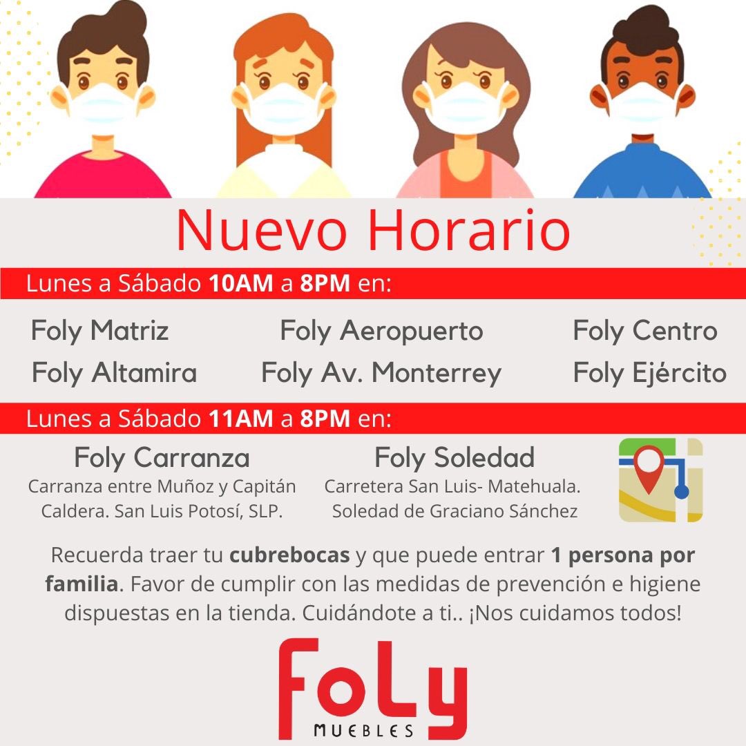 FolyMueblesT's tweet photo. Reabrimos nuestras puertas dándole prioridad a tu salud y la de nuestro equipo cumpliendo con las medidas sanitarias de las autoridades. Agradecemos tu apoyo❤️ #folyMatriz #folyAltamira #folyAeropuerto #folyAvMonterrey #folyEjército #folyCentro #folymueblesSLP #FolySoledad https://t.co/5bYBSPCK9W