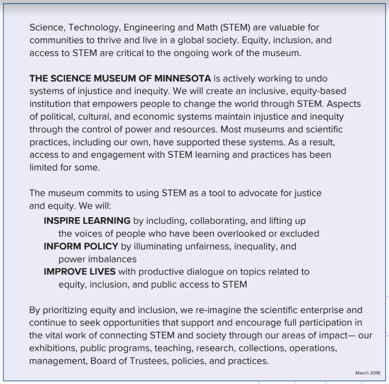 LaurieAKFink's tweet photo. Still so much to do in order to undo systems of injustice and inequality. @sciencemuseummn is working to create an inclusive, equity-based institution that empowers people to change the world through STEM. Our work and learning continue.  https://t.co/FLfF5CEEAo https://t.co/4oQa2y9XiS