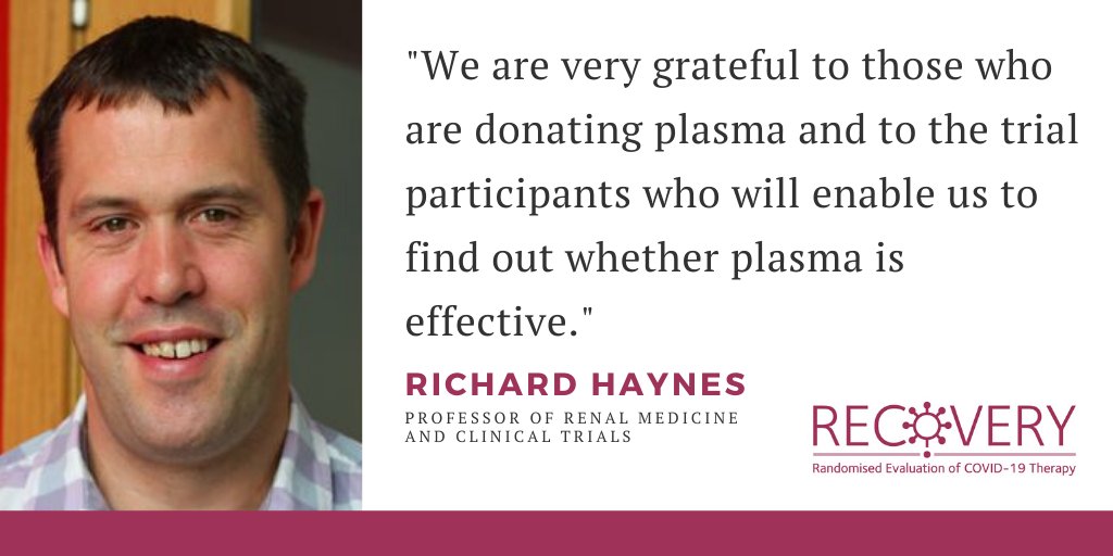 First patients in the #RECOVERYtrial have received convalescent plasma to investigate whether it is effective in treating #COVID19.

Find out more ➡️ recoverytrial.net/news/first-pat…

<a href="/NHSBT/">NHS Blood+Transplant</a>