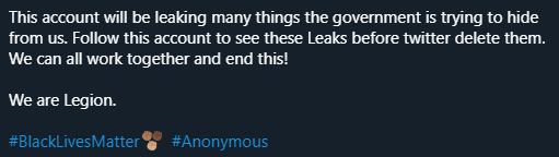 LatestAnonNews's tweet photo. Other big Anon accounts have mentioned this already, but we also want to relay it here:

While there are no official #Anonymous accounts, we've noticed an influx of Anons tweeting false leak promises and claims to gain attention and followers. 

Be wary of these type of messages: https://t.co/dmqKFE7GwU