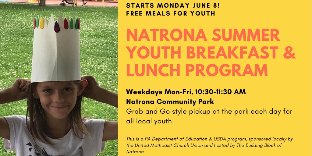 bbnatrona's tweet photo. Natrona Summer Youth Breakfast &amp; Lunch Program starts June 8! Free grab-n-go meals for all local youth, weekdays 10:30-11:30am @ Natrona Community Park. Pls email tricia@everyblockcounts.org or text 724-257-1117 to give us a meal count for you. Program runs thru July 24. https://t.co/akTLqqu2DP