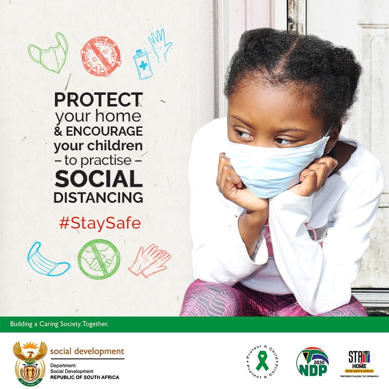 The_DSD's tweet image. Keep your children protected by reminding them to always stay home, stay safe and practise social distancing wherever they are. #ChildProtectionWeek2020 #COVID19_SA #StaySafe