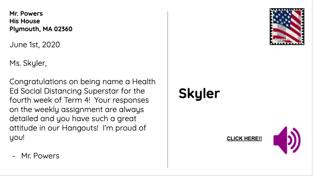 Falcon6Health's tweet photo. *Social Distancing Superstars ! *

Congrats to Skyler and Ryan - superstars for last week!  Both are so consistent with their work, their positive attitudes and empathy for others!  We're proud of you! #HealthEd #HPEatHome
@Mercury_AP @PCISGeminiAP @PCISFalcon @PlymouthSch https://t.co/YbG39rHEer