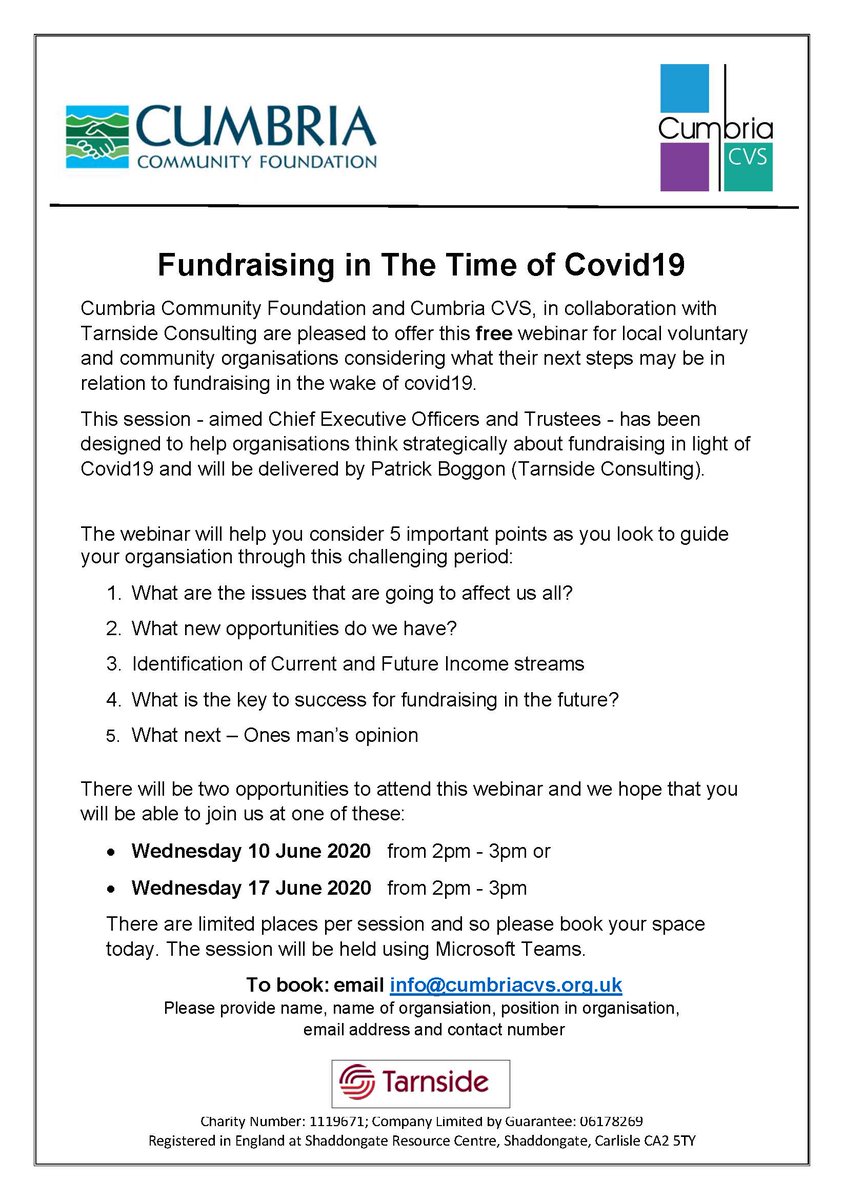 Cumbria Foundation (@cumbriacf) on Twitter photo We've teamed up with <a href="/CumbriaCVS/">Cumbria CVS</a> and Tarnside Consulting to offer a FREE webinar for local voluntary and community groups that are considering what their next steps may be in relation to fundraising in the wake of #COVID19. Places limited so get booked on ASAP if interested. We've teamed up with <a href="/CumbriaCVS/">Cumbria CVS</a> and Tarnside Consulting to offer a FREE webinar for local voluntary and community groups that are considering what their next steps may be in relation to fundraising in the wake of #COVID19. Places limited so get booked on ASAP if interested.