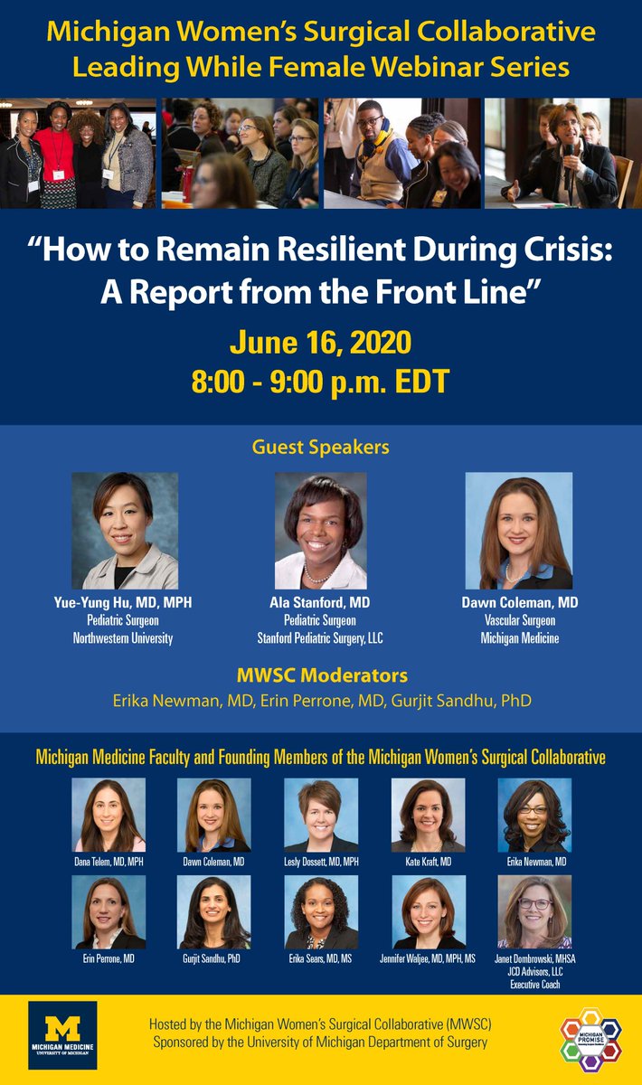MIchiganWSC's tweet photo. Please join us @MIchiganWSC for a critical conversation with @alastanford @YueyungHu @ColemanDM_vasc  about remaining resilient while serving on the front lines of crisis. June 16, 8:00 pm EDT.  Webinar registration: https://t.co/XVfNrSjKBo https://t.co/mECE6ZxuME