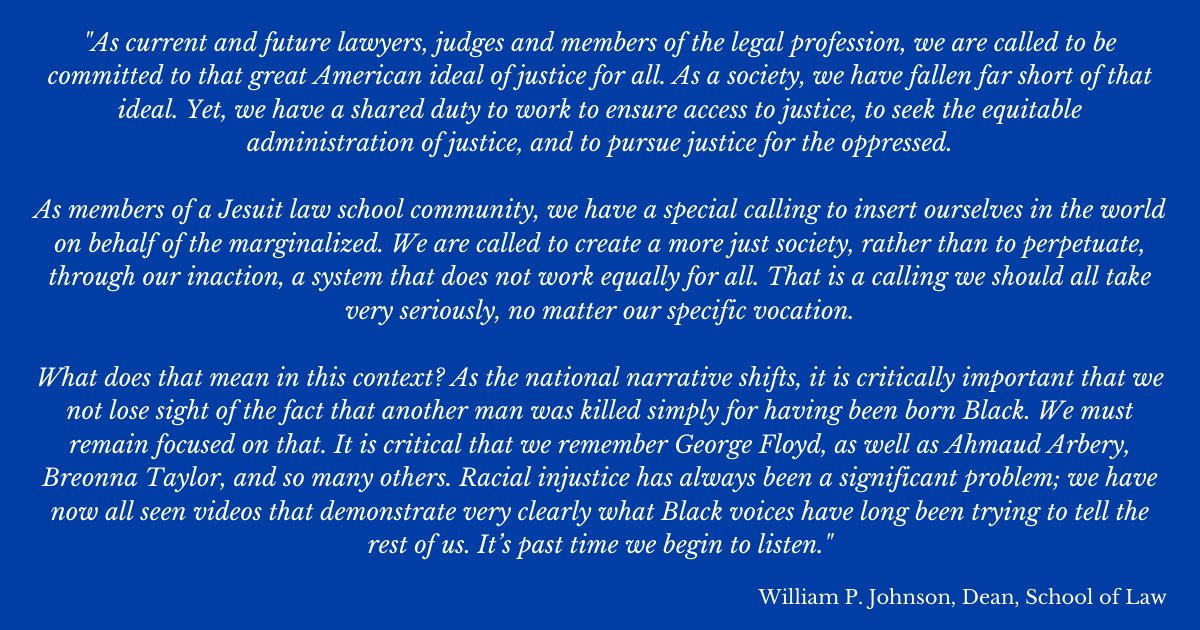 An excerpt from Dean Johnson's message shared with the SLU LAW community on Sunday.