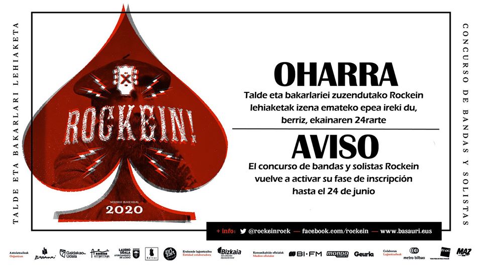 Rockein musika lehiaketa martxan da berriro ere! Ekainaren 24ra arte izena emateko aukera duzu. Ez galdu aukera eta parte hartu!

El concurso musical Rockein reanuda las inscripciones hasta el 24 de junio. ¡No pierdas la oportunidad y apúntate! <a href="/GazteguneArrigo/">Arrigorriagako Gaztegunea</a>
