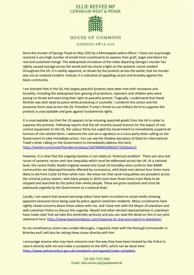 elliereeves's tweet photo. Following the shocking murder of George Floyd I’ve been contacted by hundreds of constituents expressing their grief and anger. We must speak out to demand justice and tackle racism and inequality wherever it is found. See my full statement below. #BlackLivesMatter https://t.co/XTsE2JBYIS