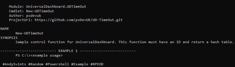 AndySvints's tweet photo. #Module: UniversalDashboard.UDTimeOut
#Cmdlet: New-UDTimeOut
Author: psdevuk
ProjectUri: https://t.co/pWdeMvmxgp
<example usage>
#AndySvints #Random #Powershell #Example #RPEOD https://t.co/ryAUKt2nOo