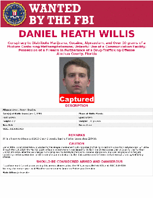 CAPTURED! #FBI #Jacksonville fugitive Daniel Heath Willis was identified and arrested early this morning by <a href="/ColumbiaSheriff/">Columbia Sheriff, FL</a>. Willis was wanted for his alleged involvement with narcotics trafficking in central FL. Thank you to CCSO for locating him! ow.ly/lwvJ50zXTo7