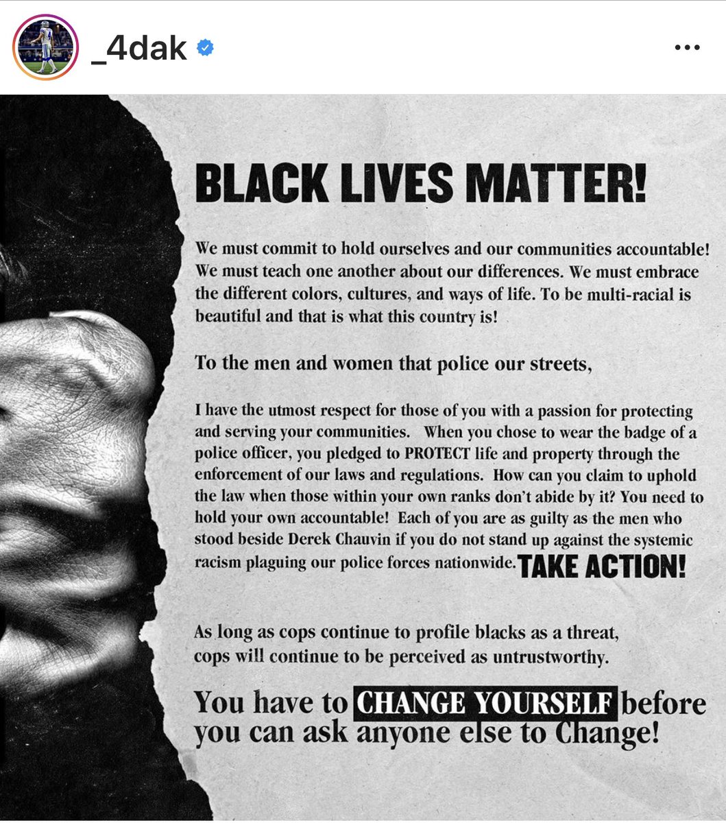 AdamSchefter's tweet photo. Cowboys’ QB Dak Prescott issued a four-page statement on IG that included a $1 million pledge “to improve police training and address systematic racism through education and advocacy.” https://t.co/sNroTKgApA