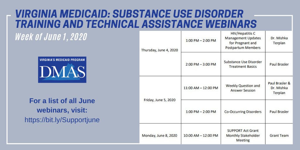 VaMedicaidDir's tweet photo. Virginia Medicaid invites anyone who serves Medicaid members with substance use disorders to join a webinars and discussions about supporting members during COVID-19. 

https://t.co/ObYxTT4ZJr https://t.co/KleN01cpTs
