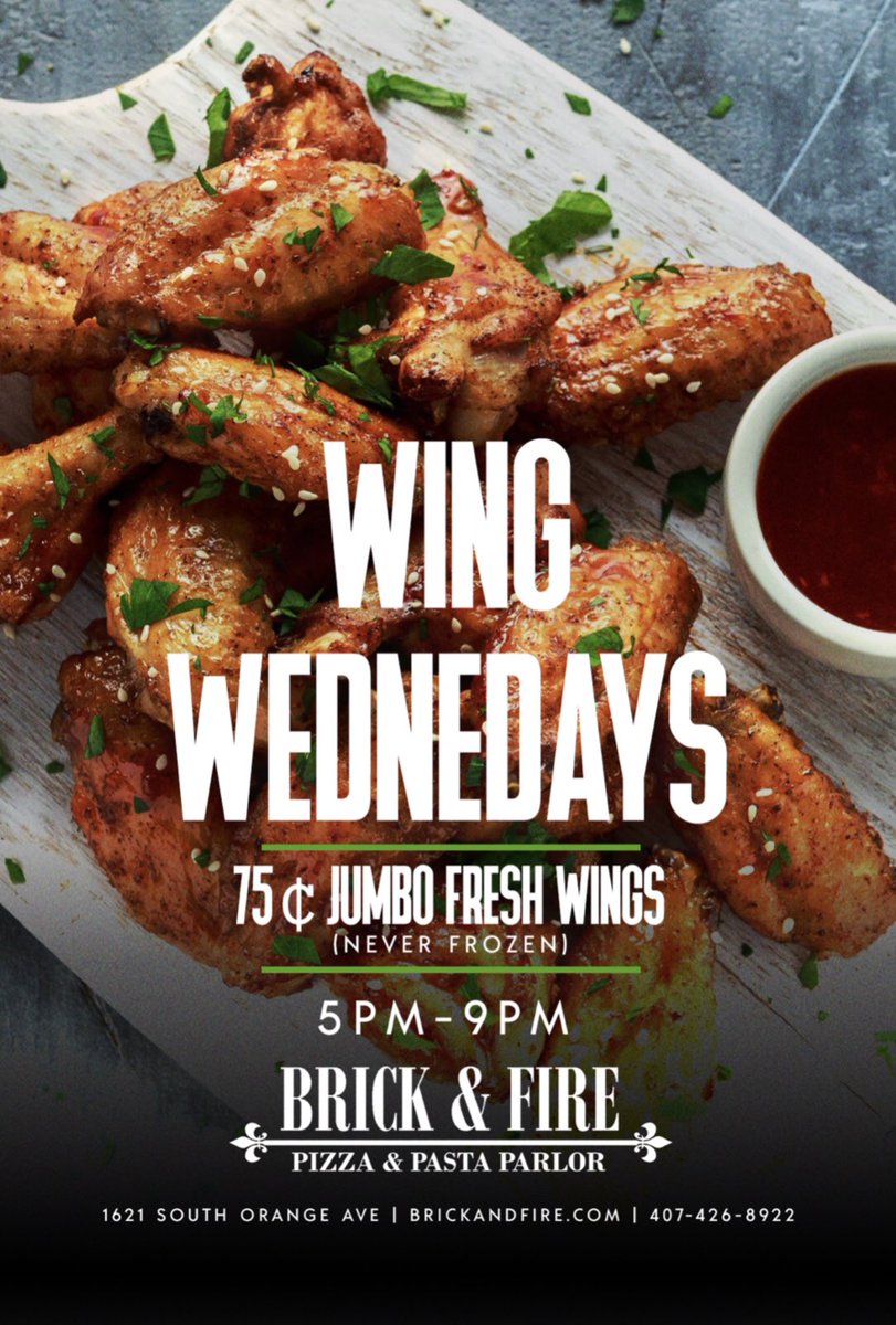 brickandfire's tweet photo. It’s Wing Wednesday!! 75¢ Jumbo fresh wings! (Never frozen!) 5pm-9pm

As always, it’s our pleasure to serve you! https://t.co/gBnfg1VqIQ