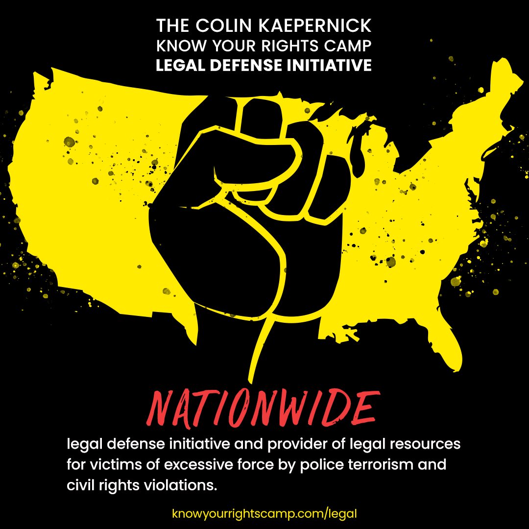Kaepernick7's tweet image. Thx to your support we've expanded the @yourrightscamp legal defense initiative nationally to defend arrested Freedom Fighters. We're also working to file civil rights cases against police for their terroristic acts. Keep fighting back! knowyourrightscamp.com/legal #wegotus