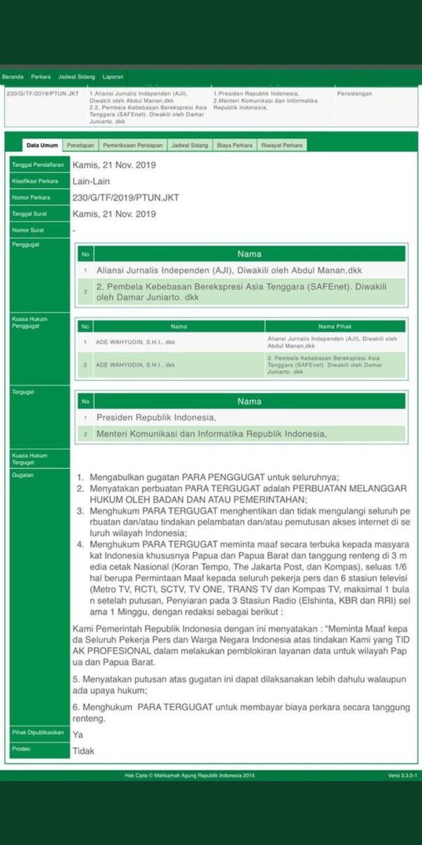 Presiden dan Menkominfo divonis bersalah dalam kasus pemblokiran internet di Papua. Putusannya keren, terutama hukuman yang no.3.
Mana yang selaku membandingkan dan teriak kalau jaman ini lebih bebas dari jaman Orba? 
#internetshutdown 
#jamanbebas
#Gankkoplak
<a href="/DavidWijaya82/">David Wijaya</a>