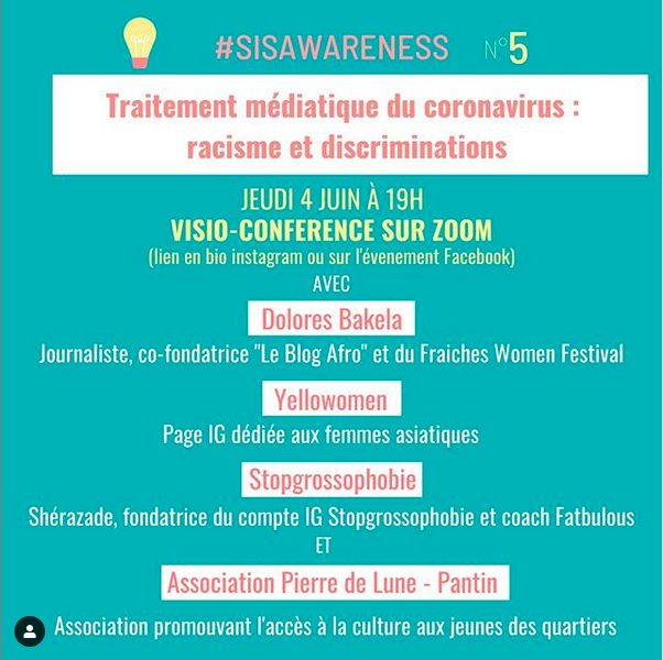 HumansforWomen's tweet photo. #SISAWARENESS 5 - Traitement médiatique du coronavirus : Racisme et discrimination 

Retrouvez-ns demain, jeudi 4 juin à 19h, pr une visioconférence avec @doloresbakela, le collectif YelloWomen, Shérazade du compte IG Stopgrossophobie et @AssociationLune

https://t.co/AD44Mh1pCF https://t.co/WyieZz1B2s