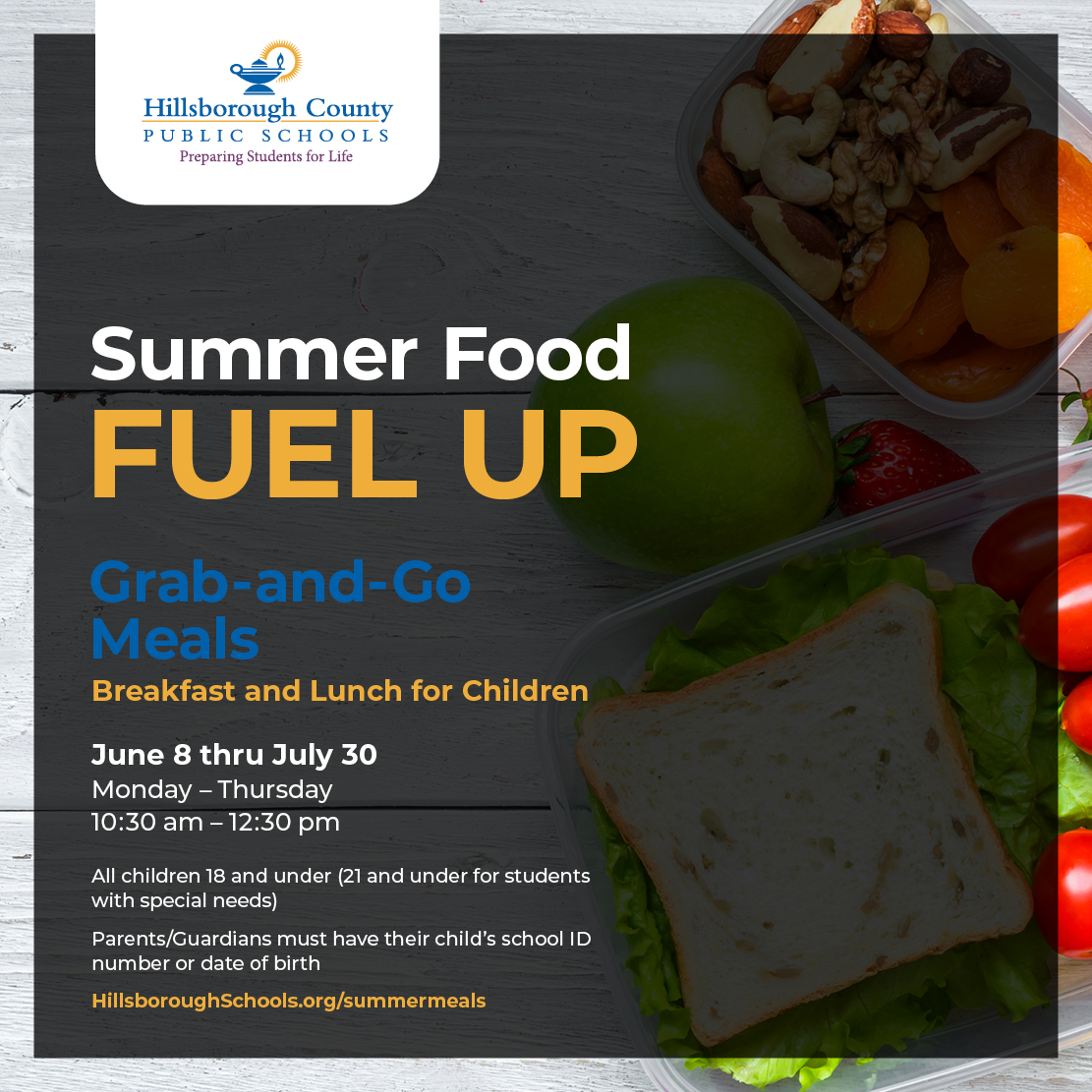 HillsboroughSch's tweet photo. Our Summer Fuel Up initiative begins next week! These grab-and-go style meals will continue Monday-Thursday from 10:30-12:30 pm. Hot lunches will be served, while children will receive a breakfast to take home for the next day. Students will receive food for Friday on Thursday. https://t.co/rCjlGkcB2s