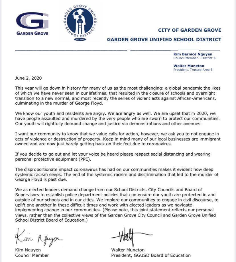 officialmuneton's tweet photo. A joint statement from our office and the office of City of Garden Grove Councilwoman Kim Nguyen #blacklivesmatter https://t.co/0vRWiPykh8