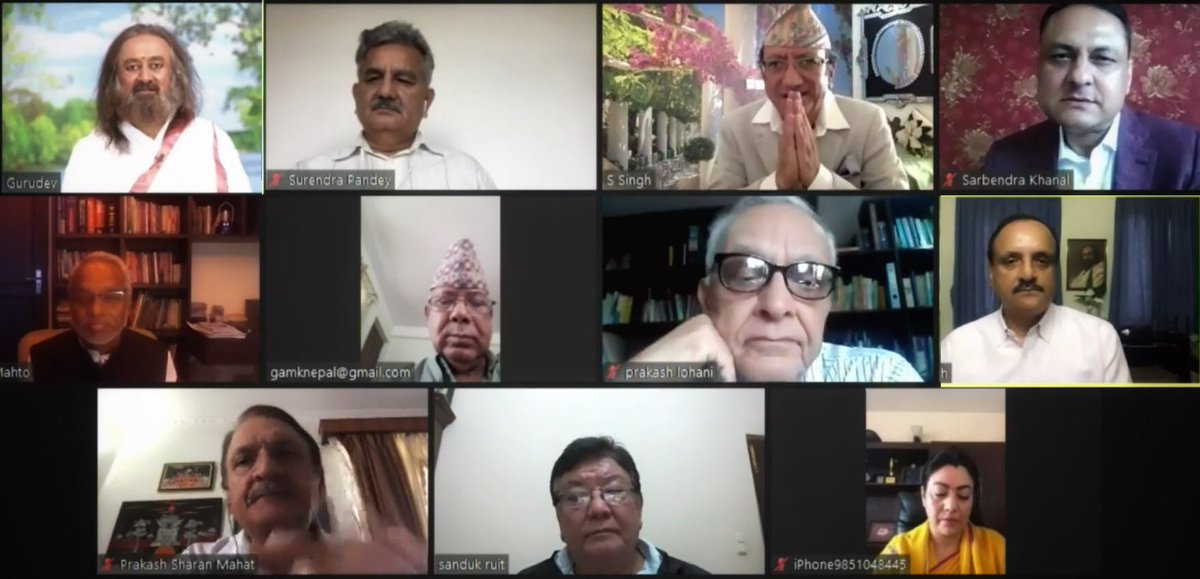 Gurudev's tweet photo. This pandemic is an opportunity for human values to take front seat in our pursuit of growth and prosperity. Had a discussion with politicians &amp; renowned personalities from Nepal regarding the current crisis and the new world post covid. #WorldMeditates https://t.co/1Q10WBJSMe