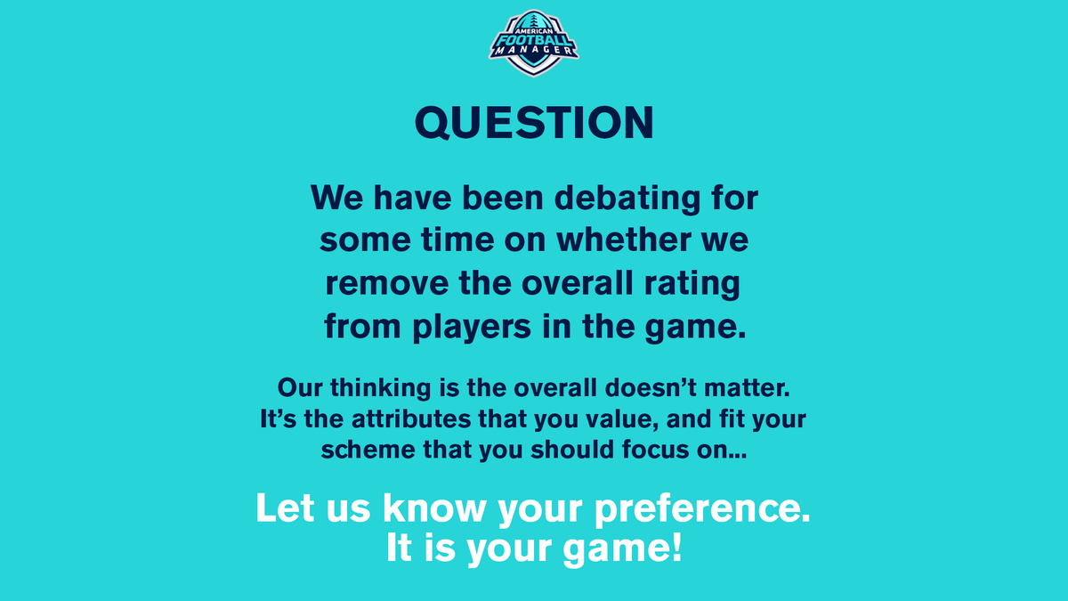 FootballGMGame's tweet photo. Question for you...?

Would it make you a better GM to not focus on overall, and rather look deeper into the players attributes instead?

#Kickstarter #NFL #Football #AmericanFootball #Madden #Madden20 #Madden21 #iOSGames #AndroidGames #Touchdown #WednesdayMorning #Crowdfunding https://t.co/WRVLdJC4aS