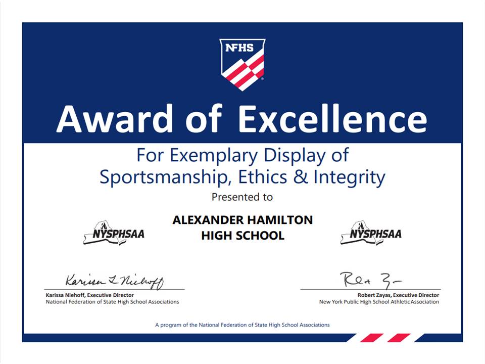 Hamilton Athletics (@redraiderad) on Twitter photo Extremely proud to announce that <a href="/hamiltonhs/">AlexanderHamiltonHS</a>, <a href="/eufsd/">Elmsford UFSD</a> has been recognized by <a href="/NFHS_Org/">NFHS</a>, <a href="/nysphsaa/">NYSPHSAA</a> & <a href="/RobertZayasNY/">Dr. Robert Zayas</a> for our exemplary display of Sportsmanship, Ethics & Integrity! We sincerely appreciate the recognition. #Sportsmanship #Ethics #Integrity #BuildingABrighterFuture Extremely proud to announce that <a href="/hamiltonhs/">AlexanderHamiltonHS</a>, <a href="/eufsd/">Elmsford UFSD</a> has been recognized by <a href="/NFHS_Org/">NFHS</a>, <a href="/nysphsaa/">NYSPHSAA</a> & <a href="/RobertZayasNY/">Dr. Robert Zayas</a> for our exemplary display of Sportsmanship, Ethics & Integrity! We sincerely appreciate the recognition. #Sportsmanship #Ethics #Integrity #BuildingABrighterFuture