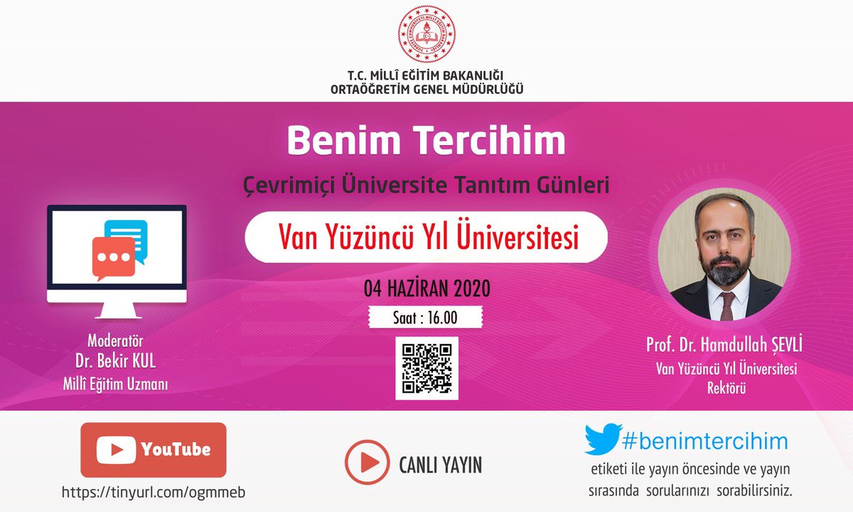 Rektörümüz Prof. Dr. Hamdullah Şevli, MEB Ortaöğretim Genel Müdürlüğü tarafından gerçekleştirilecek olan
“Çevrimiçi Üniversite Tanıtım Günleri” canlı yayın konuğu olacaktır. 

🗓 4 Haziran 2020 
🕓 16 : 00 
📡 #canliyayin 
🎤 @hsevli 
#benimtercihim #üniversitetanıtım