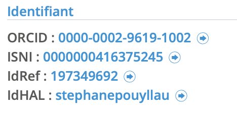 isidore___'s tweet image. #Rappel @isidore___ propose, dans ses pages de profils, un "hub" permettant de relier tous ses principaux identifiants auteur·e·s (@ORCID_Org, @hal_fr, @com_abes, #VIAF, #isni, etc.) à leurs pages sur les différentes #plateformes. #ist #shs