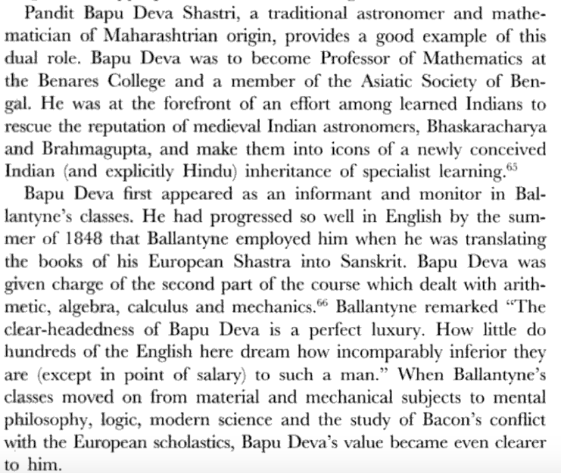 Who could have been a good person to respond to Ballantyne? How about his brilliant collaborator Bāpu Dēva, who was commended by Ballantyne in his "Synopsis of science in Sanskrit and English", for all the effective translations into Sanskrit. But he didn't give any response.