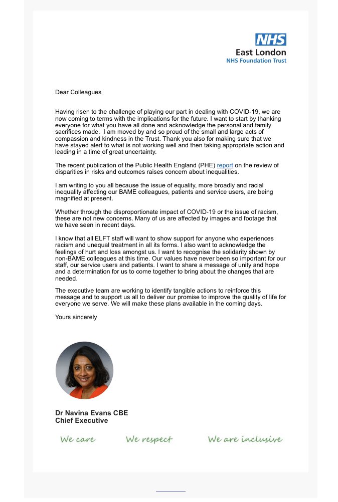 Dr Navina Evans (@navinaevans) on Twitter photo <a href="/NHS_ELFT/">East London NHS Foundation Trust (ELFT)</a> Executive team wanted to acknowledge the feelings of loss and hurt. We wanted to recognise the solidarity shown by non-BAME colleagues. We wanted to share a message of unity and hope and express a determination to come together to bring about change. <a href="/NHS_ELFT/">East London NHS Foundation Trust (ELFT)</a> Executive team wanted to acknowledge the feelings of loss and hurt. We wanted to recognise the solidarity shown by non-BAME colleagues. We wanted to share a message of unity and hope and express a determination to come together to bring about change.