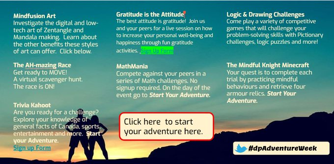 vickiemorgado1's tweet photo. Coming Next Week to @DPCDSBSchools for intermediate classes: Choose Your own Adventure Week #dpadventureweek #dpguidance Connect with your #EGELT #onted #dpcdsb #EL #wellbeing @BHussul @MorizioClass @Ms_Lee3 @purplecandles25 @miggylino @KCinaps @DPwellness4all https://t.co/N2vuVwt8AZ